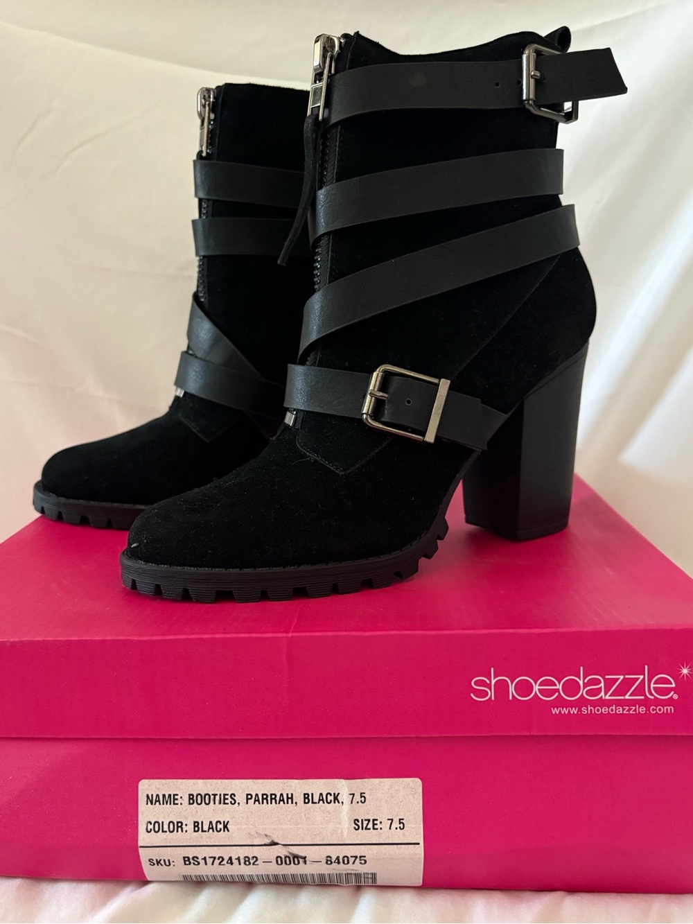Shoe Dazzle Black Suede Strapped Block Heel Ankle Boots